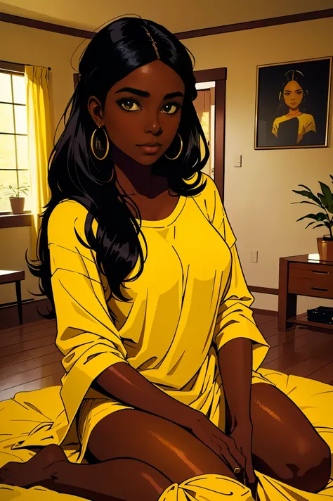 Dark skin young woman in a soft yellow shirt, long black hair, boho chic luxury home interior 