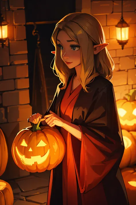 Beautiful elf holding a pumpkin lantern