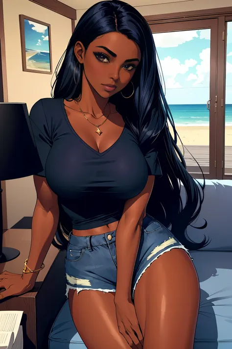 dark skin young woman in a blue shirt, long black hair, luxury beach themed home interior and jean shorts