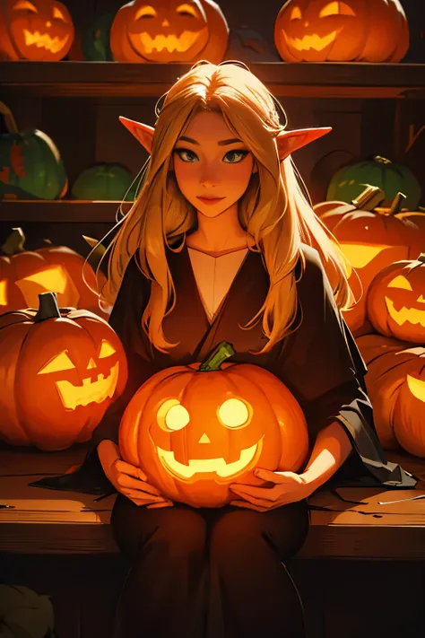 Beautiful elf holding a pumpkin lantern