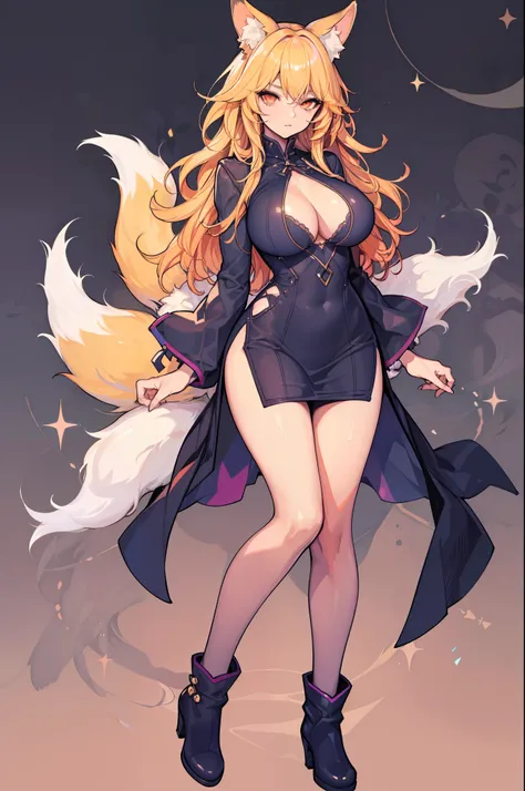 fox woman, tall stature, long legs, slim body, shapely legs, huge breasts, big fluffy tail, boots, tight one-piece dress, yellow hair and red eyes, 8k, hd, masterpiece,