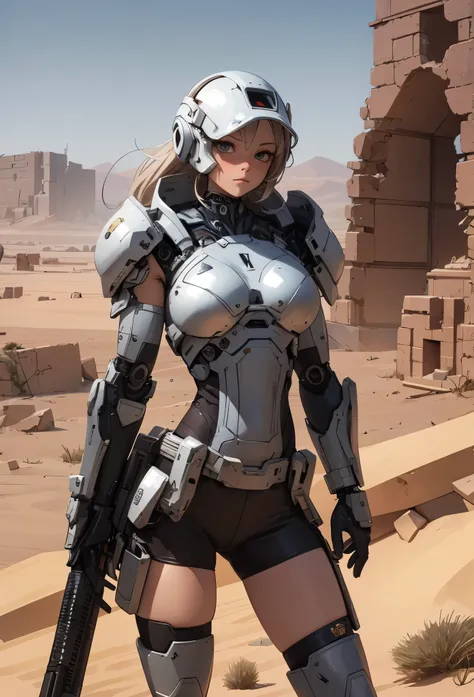 (detailed illustrations,Very detailed and precise drawing,Delicate drawn lines with tempo,Realistic texture expression),[color traced main line],(Martian battlefield [Desert Ruins]),[solo],HENTAI ((ANIME) BIONICGirl) Beauty (14 years old))((muscular)) [SKI...