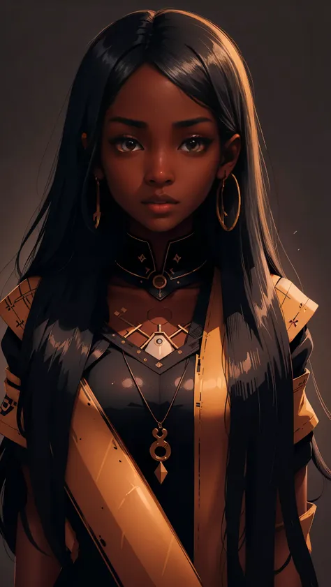 one dark skin young woman with long jet black hair and clearly detailed big brown eyes, ebony nose, high quality, 2d, uhd,