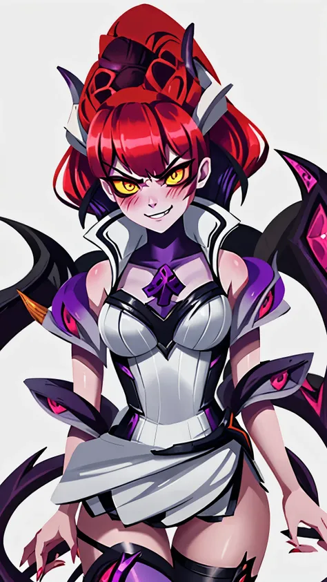 Zyra - Crime City Nightmare - League of Legends, HD, white clothes, red hair, blush, angry, yellow eyes, evil smile