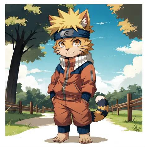 cat dressed as naruto from naruto anime, chibi, standing, background forest, stunning style