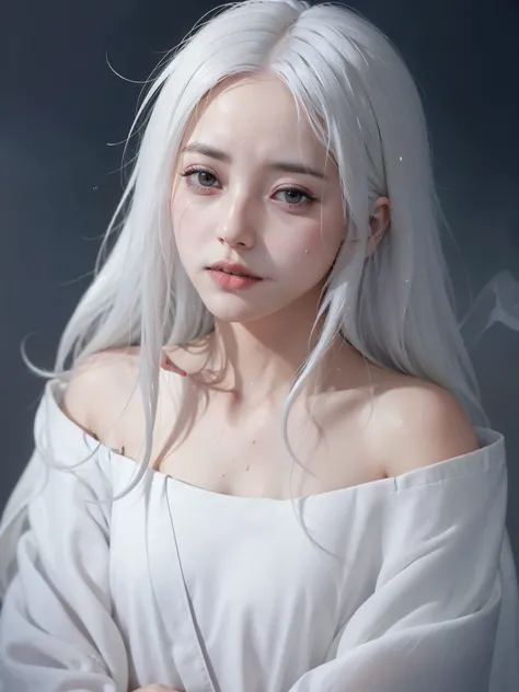 1 girl,alone,1 girl,alone,((Beautiful and delicate eyes)), (detail light),depth of field,(white hair),silver eyes,hair covering one eye,(safflower ), hair flower,long hair,black cloak,wet,emotionless,look back,night,Starfall,rain,FOG,safflowers falling,ske...