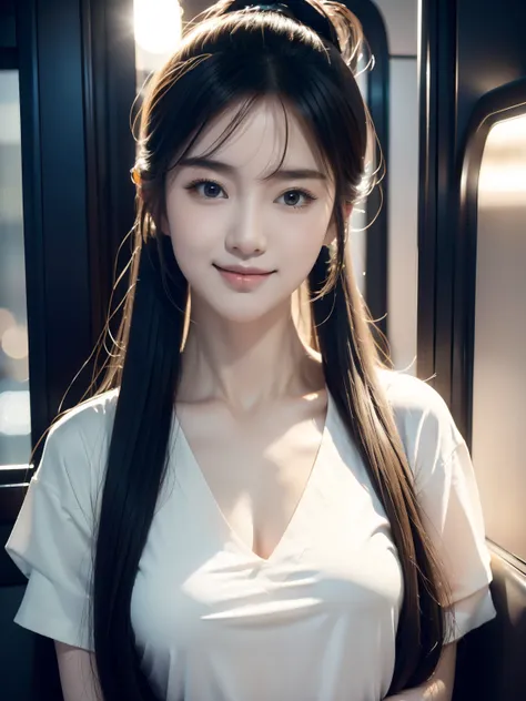 Real photos of cute Korean female stars, Uneven double ponytail, Light makeup, Medium size, smile slightly, Colorful T-shirt, On the bus, Clear facial features，The details are sharp and realistic, Sony FE, 35mm, Cinema lighting, high detail, UHD, high qual...