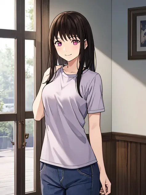 1girl, bangs, black hair, blush, breasts, medium breast, smile, : ), solo, white short sleeve shirt, fitted blue short, indoors, sexy pose, upper body, cowboy shot, indoors, bedroom without windows