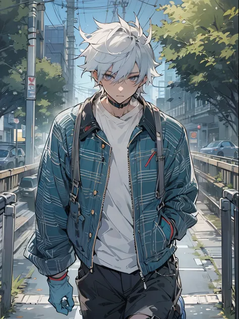 young male, casual clothing, white hair, short hair, messy spikey hair, silver eyes, dark blue tech longsleeve, blue gloves, jordan 1s retro offwhite shoes, city background, walking on path, detailed eyes, nature background, sunny