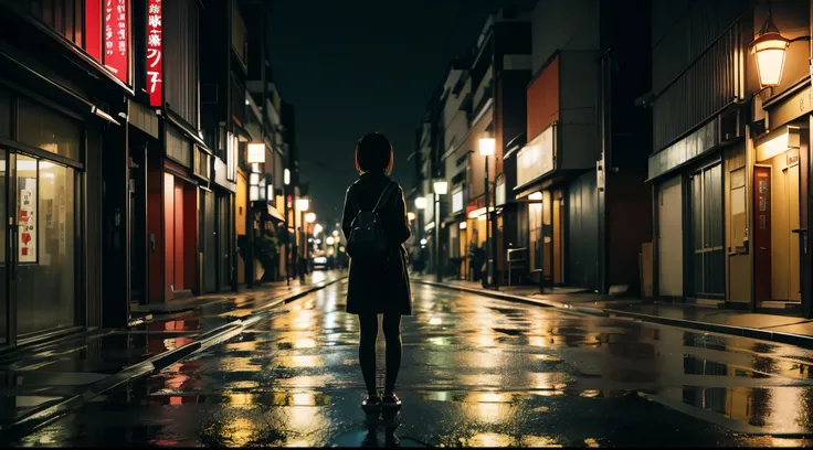 masterpiece,best quality,1girl,solo,looking at viewer,Late night, Tokyo, deserted street, distant view, background, loneliness, rain, street lights, weak light, lofi