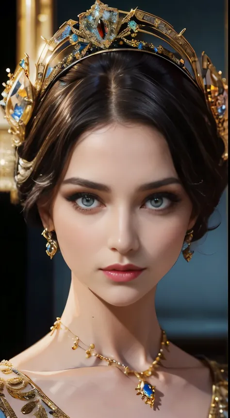 master piece，best image quality，Beautiful bust of a royal woman，Delicate black hairstyle，Amber eyes are clear，Decorated with dazzling intricate jewelry，super detail，upscale。