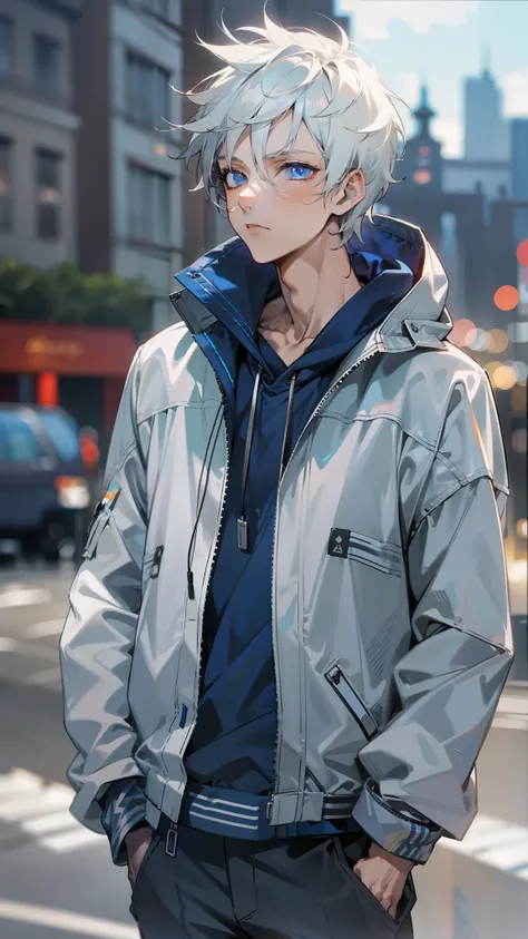 masterpiece, young male, white hair, short hair, messy spikey hair, silver eyes, casual clothing, deep blue tech jacket, black pants, detailed eyes, expressionless, city background