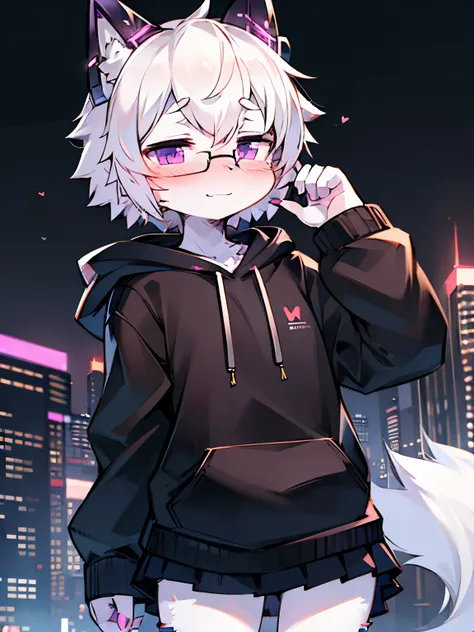 Solo, kemono, femboy, white hair, purple eyes, wear black hoodie, wear black skirt, wear glasses, wear black headphones, look at camera, blushes, no smile, cyberpunk city background, night time, high details