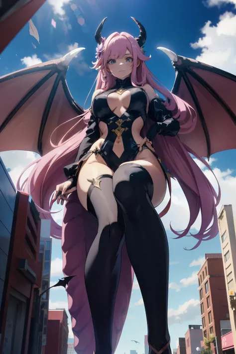 A giant girl 10,000 feet tall, Have a pair of devil wings, and a dragon tail，Have very long waist-length hair, High heel，pink hair, higher than the building，Flying in the city，