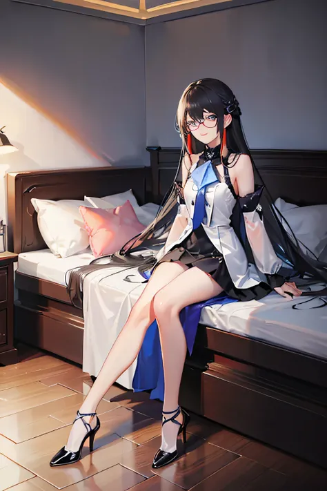 blue eyes, whole body, sitting on bed, slim girl, wear glasses, High heel, flat chest, black hair, White clothes, bedroom, black stockings, silver hair, long hair, hair behind ears, colorful eyes, faint smile, Grinning, anime style, cubismo, high detail, S...