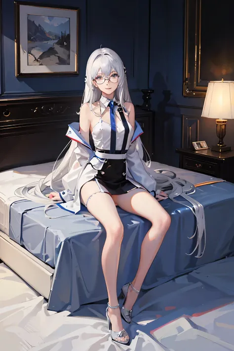 blue eyes, whole body, sitting on bed, slim girl, wearing glasses, High heel, flat chest, black hair, White clothes, bedroom, black stockings, silver hair, long hair, hair behind ear, multicolored eyes, light smile, grin, anime style, Cubism, high detail, ...