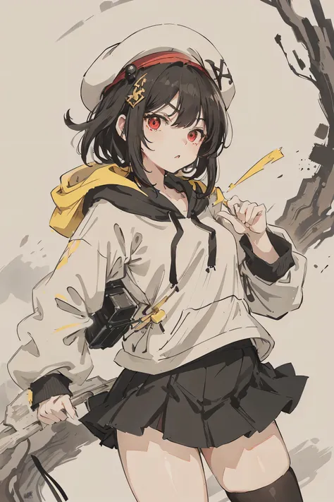 sparrow, a black haired girl, wearing a white hoody, short hair, messy hair, black skirt, yellow hoody, slim body, she have a handycam, small breasts, she close her left eye, shirt ornament, white beret, angry expression, red eyes