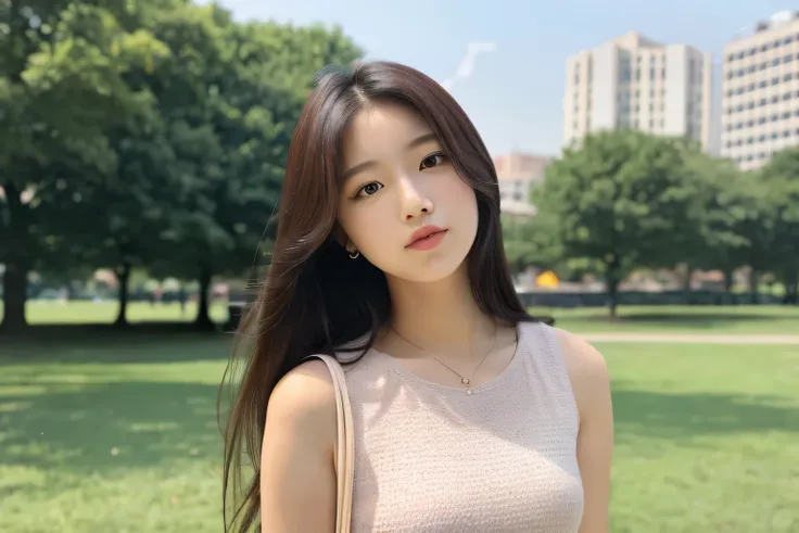 18-year-old idol, cum on chest, park background,