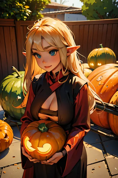 Beautiful elf holding a pumpkin lantern, giga_busty