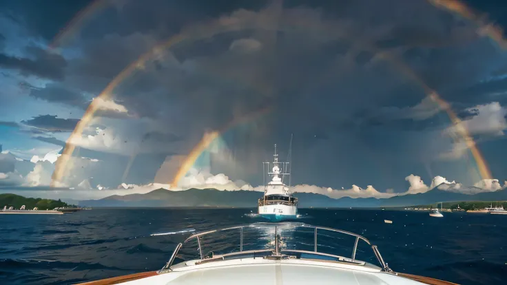 Scene: Sailing under a rainbow on the yacht.
Woman: (hopeful) As we sail through the rainbow, our dreams become as colorful as the sky.