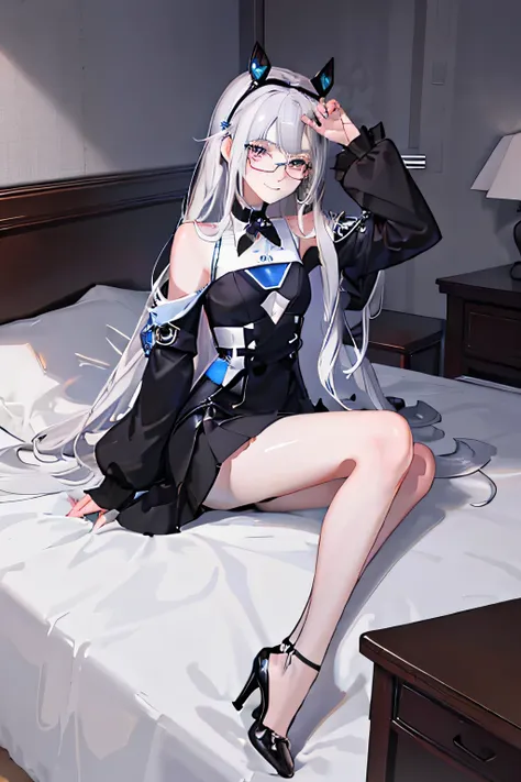 blue eyes, whole body, sitting on bed, slim girl, wear glasses, High heel, flat chest, black hair, White clothes, bedroom, black stockings, silver hair, long hair, hair behind ears, colorful eyes, faint smile, Grinning, anime style, cubismo, high detail, S...