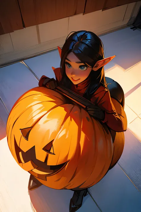 Beautiful elf holding a pumpkin lantern, giga_busty