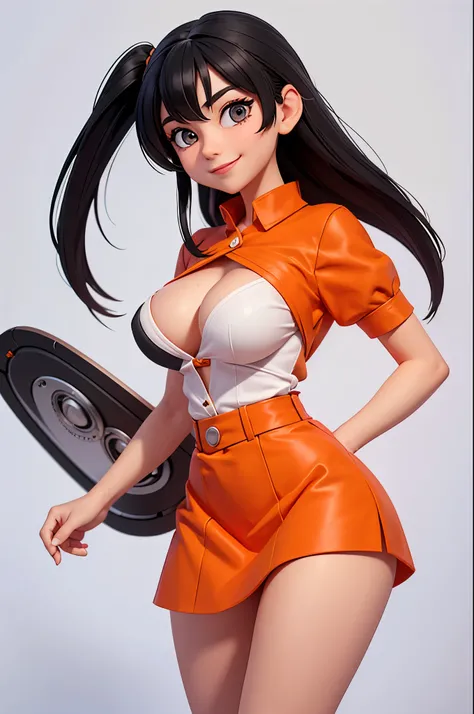 a girl,8k highly detailed, casual games, , 3D art style, Half body photo,White background,big eyes,black hair,cute,orange clothes,Croupier,solid color background,long hair,Smile,full,Proud,E cup,Business line,boobs,Model posing