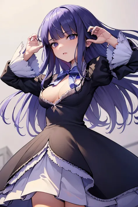 ((frederica bernkastel)) (best quality)), ((masterpiece)), (detailed), perfect face , dark blue hair, blunt bangs, hime cut, long hair, solo, 1girl, purple eyes, expressionless, gothic dress, lying, blue ribbon, spread arms, blank eyes, breasts, nipples