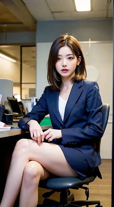 Best Quality, Photorealistic, 8k, High Definition, 1 Girl, Female, (Medium: 1.8), Office, Pubic hair visible, Grey suit, No panties, Skirt up, Work, Sitting in chair and legs wide open