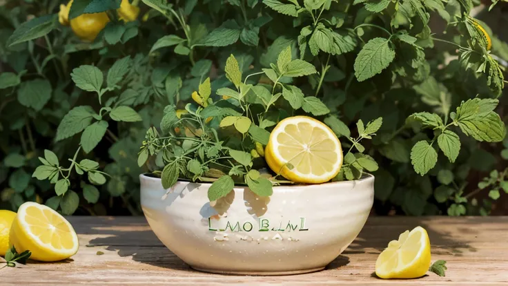 Create an illustration that (((depicts lemon balm))) as an oasis of serenity for the heart. Draw a {stylized lemon balm plant}, with green leaves and delicate flowers. Around the plant, draw small cholesterol particles [HEART SHAPED]