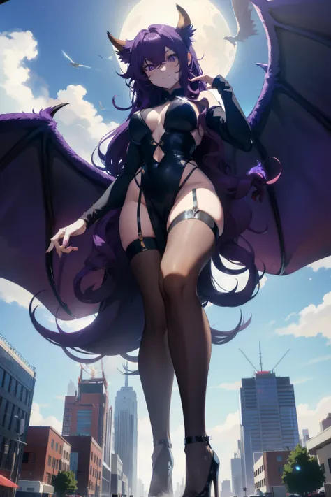 giant girl 50,00000 feet high, Possessing a pair of huge demon wings，And has a huge and slender fox tail，Have waist-length hair，hair scattered，Wear a pair of red high heels，Purple curly hair，A look of enjoyment，Standing upright in a small city，side angle