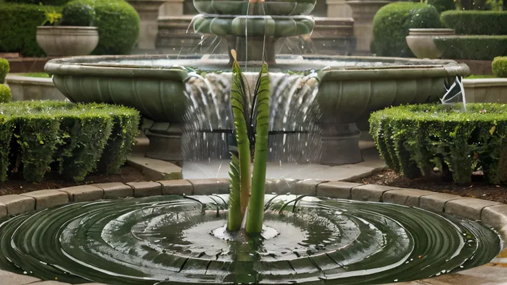 Illustrate the (((horsetail plant as a fountain gushing vitality))) to the heart. Draw a {stylized fountain in the shape of a horsetail plant}, with its stems and [leaves forming the water jets]. Around the fountain, draw small particles of cholesterol bei...