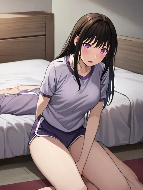 1boy, boy is behind girl, breast grope from behind, 1girl, purple eyes, bangs, black hair, blush, breasts, medium breast, gym uniform, collarbone, blue gym shorts, white short sleeve gym shirt , indoors, night, passionate hug, lie on bed
