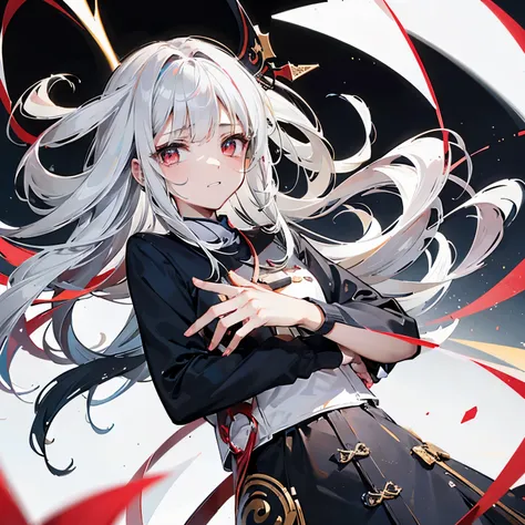 (xiangyu，a girl at night)silver coat，delicate and soft，hands in pockets，unique temperament，white hair，red eyes