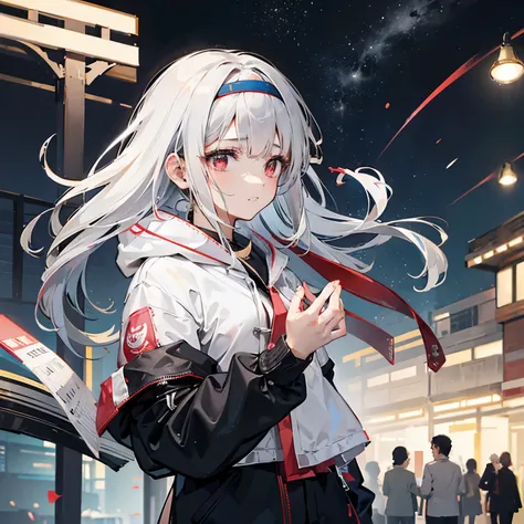 (xiangyu，a girl at night)silver coat，delicate and soft，hands in pockets，unique temperament，white hair，red eyes