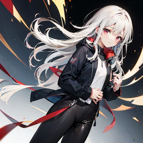 (xiangyu，a girl at night)silver coat，delicate and soft，hands in pockets，unique temperament，white hair，red eyes