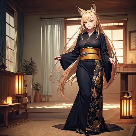 (best quality,8K,Super detailed),Golden Fox,Lots of Tails,golden eyes,long hair,golden hair,a large amount of hair,1 woman,mature woman,big breasts,Traditional kimono,Black kimono,a lot of big fox tails,(golden aiox ears、long hair、golden hair,Hair flowing ...