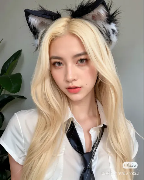 Mujer de cabello rubio con orejas de gato negro y corbata., sakimichan, tifa lockhart con el pelo blanco, hasta el modelo | germen de arte, con pelo largo y blanco, Realista. cheng yi, con el pelo largo y blanco, con pelo largo y rubio, ava max, chica perf...