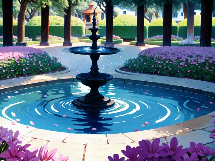 outside in the flower gardens, fountain