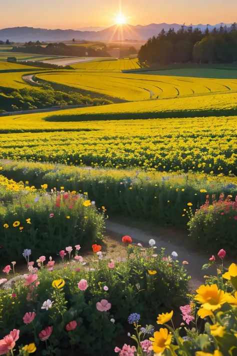 A photo of nature and flower fields taken on a sunny day when the sun  rising.