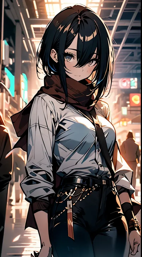  4k, wallpaper,Full body, (Best Quality), (Masterpiece), a very exquisite and beautiful girl, very detailed, amazing, with exquisite details, official art, super detailed, high-level,  shingeki no kyojin, mikasa ackerman, 1girl, arm strap, bangs, black hai...