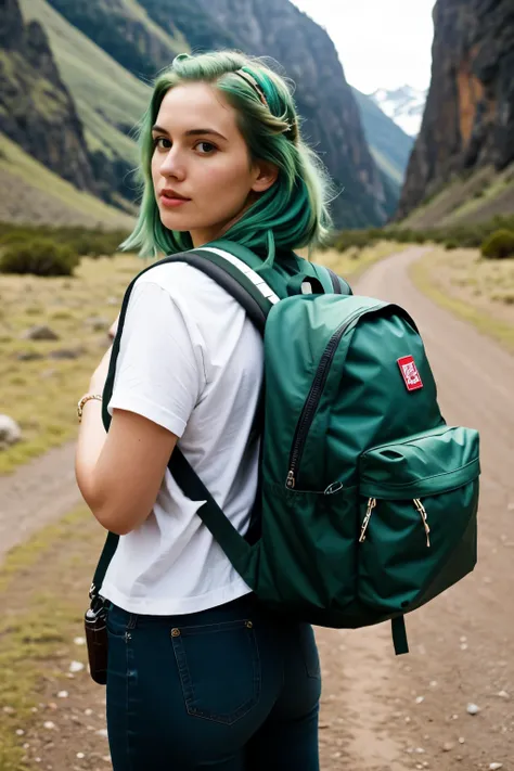 Generate an image of the 26-year-old Australian woman with complete green hair, equipped for adventure with a backpack. Capture her from the head to the waist, showcasing her sense of readiness and style. Emphasize her expression, reflecting a spirit of ex...