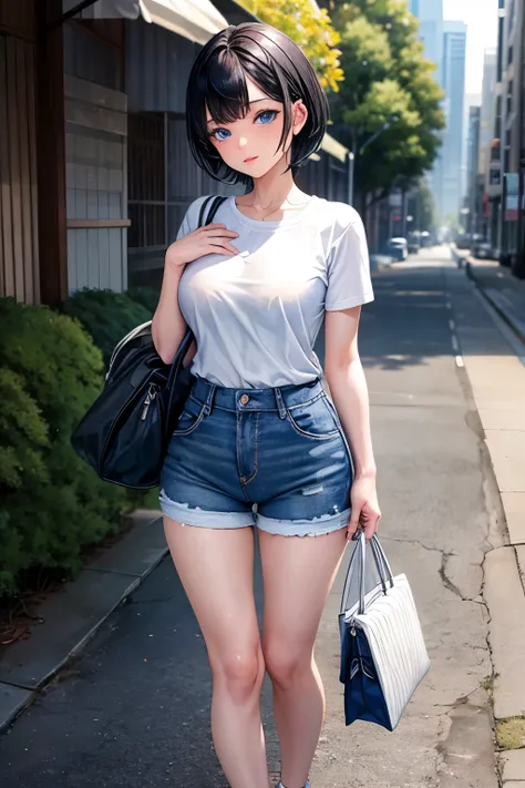 1girl, short black hair, blue eyes, wearing plain white shirt, denim, sneakers, standing shorts, city, seductive look, absurdres, high res, ultrasharp, 8K, masterpiece, looking at viewer masterpiece, best quality , looking at viewer