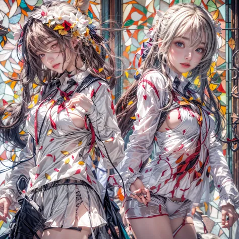 (White and Red, Acutance:0.8), Masterpiece, (physically-based rendering with ultra-detailed, (realistic and (photorealistic:1.37) with touch of rawness)). A group of KAWAII girls in opened school uniform without brassiere . ((extremely detailed KAWAII face...