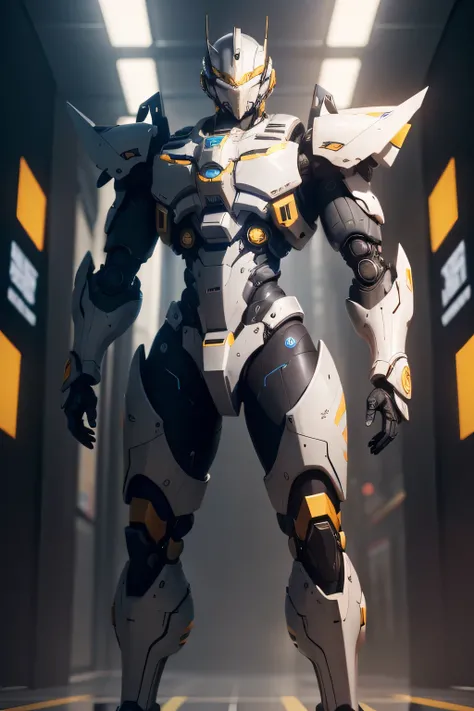 Male close-up including full body mechanical armor，amarelo，fundo preto, Mecha Cyber Armor, mecha inspiration, BlueShift rendering, intrincada armadura mecha brilhante, Mech macho, Armadura Espacial, high definition cg society, Mecha masculino de anime cybe...