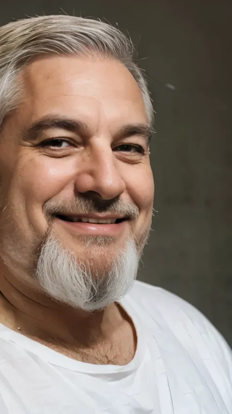 65years old chubby American man with absolute white hair and beards, smily faces headshot