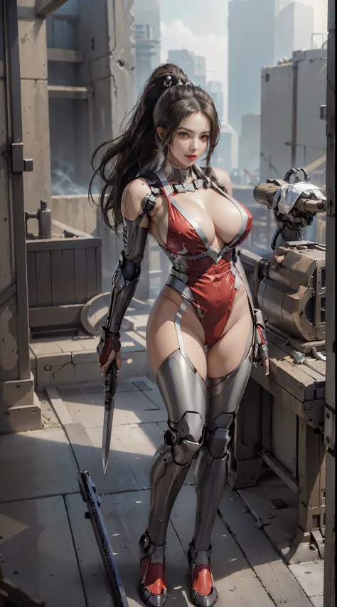 lifelike, high resolution, soft light,1 female, alone, Buttocks up, (Detailed face), black hair, long hair, Mecha girl, Mechanical parts box，very big tits, robot joints, single mechanical arm, have, Mechanical Halo, very huge breasts，hello star, Electromec...