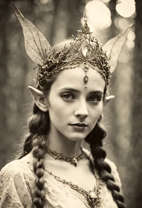 Old photo from the 1930s with a Zeiss Ikon Ikonta 520../2 cameras, published by the Museum of Historical Photography in 1930. (portrait of an elven queen with long pointed elven ears), elven queen with a beautiful cute face against the backdrop of a dense ...