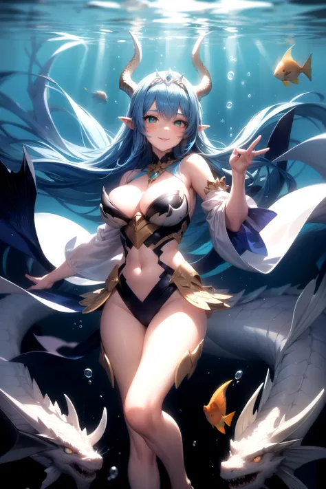  1girl,underwater,(white dragon horns),fin ears,large breasts,shell breastplate,silk,smile,floating ,floating hair, (dragon tail),blue hair,green eyes,bubble,glowing eyes.coral,fish,scale,tiara