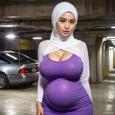 (Extremely detailed, In the underground car park,Hijab Indonesian MILF, white skin body, Slightly fat, plump, Pregnant, A big-breasted, Gigantic big tits, Refined face, sexy for Magazine, Purple crewneck dress, Tight dress, Close-up of people, Hi-Def, phot...